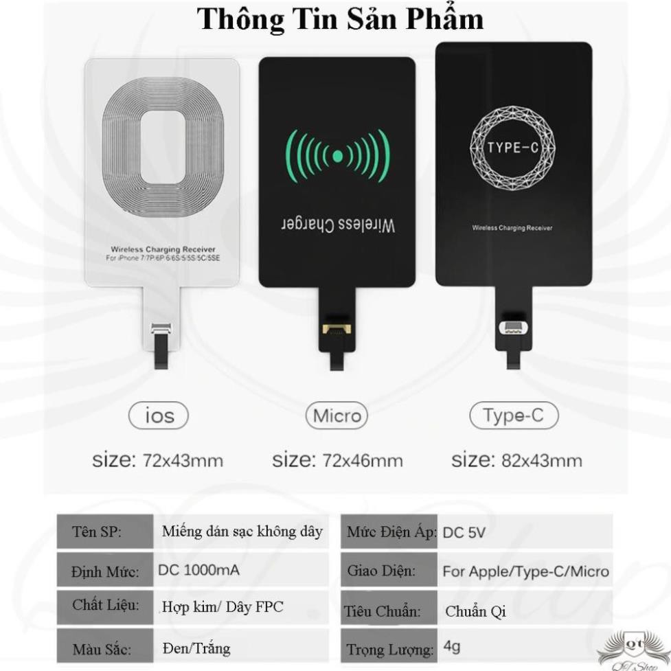 Miếng Dán Hỗ Trợ Sạc Không Dây Chuẩn Qi Đầu Android/Type-C/Lightning iPhone