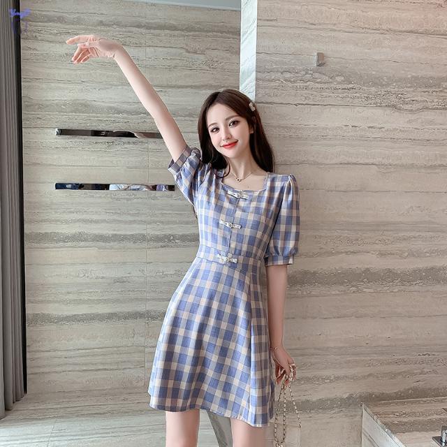 Đầm Tay Ngắn Phồng Cổ Vuông Eo Cao Họa Tiết Sọc Caro Màu Xanh Dương Thời Trang Mùa Hè Cho Nữ