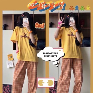 Bộ wassup áo vàng quần kẻ - set áo thun vàng in chữ phối quần cullote caro màu cam hot