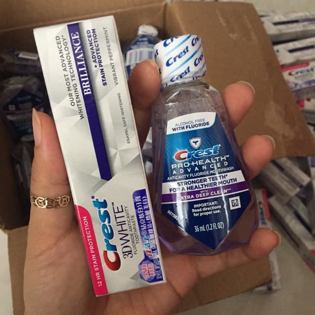 Combo kem đánh răng + nuoc suc miệng crest 3d white