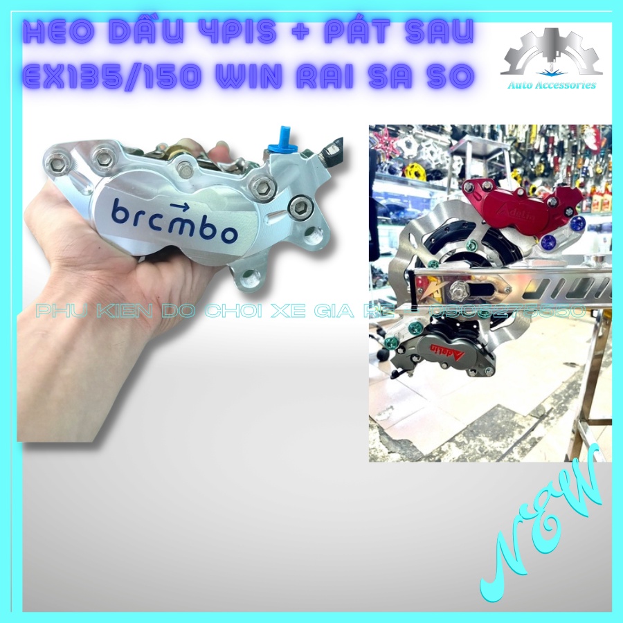 COMBO SAU - Heo dầu Brcmbe 4piston đối xứng (Bạc Logo Xanh) Kèm Pát Sau gắn Ex135 Ex150/155 Winner Raider Satria Sonic