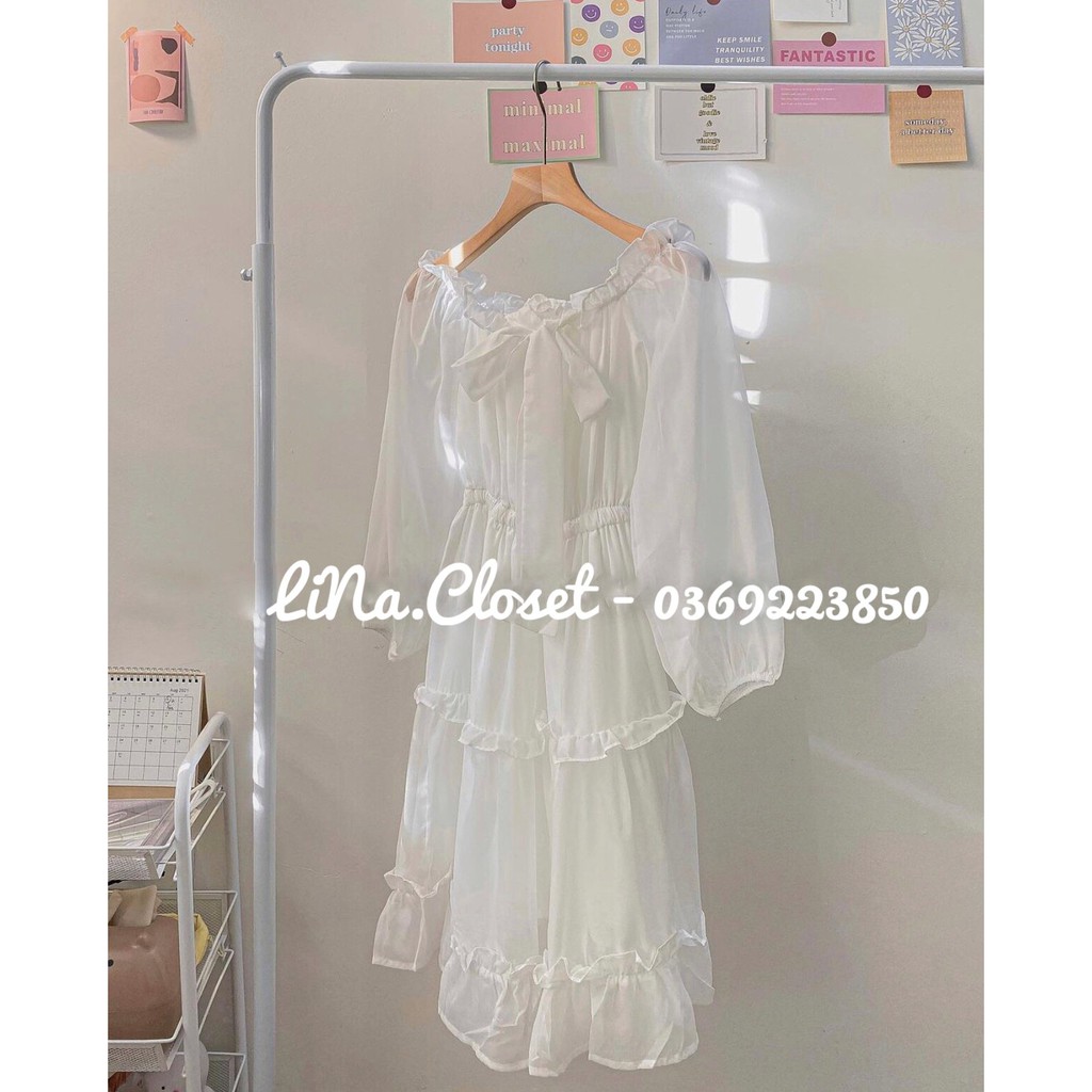 Đầm - Váy voan trắng trễ vai tầng 2 lớp thắt nơ tiểu thư siêu xinh. MET SHOP 1989