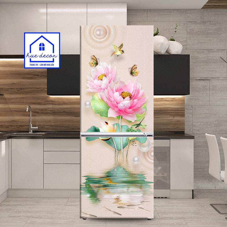 Decal dán tủ lạnh- máy giặt 3D Hoa Sen hồng HUE DECOR chất liệu decal cao cấp siêu bền, chống nước