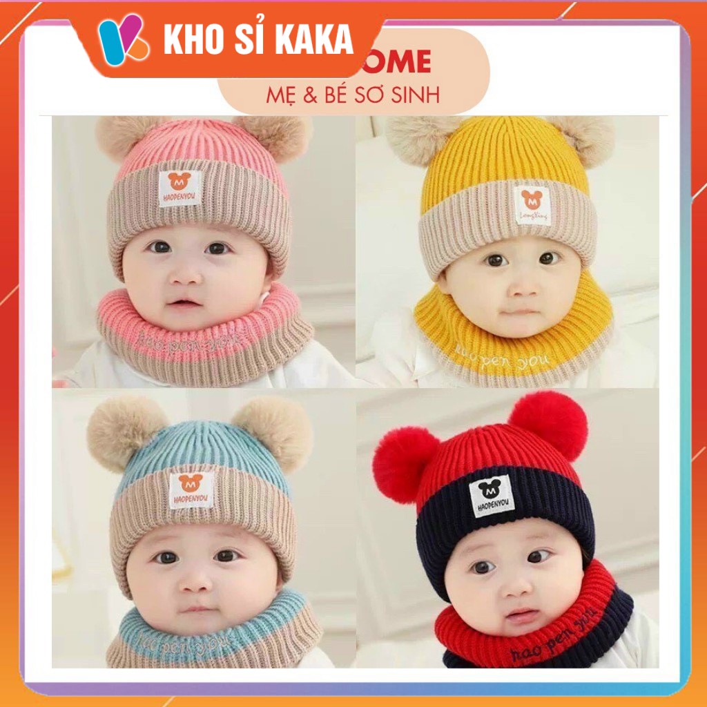 Mũ Len Micky 2 Quả Bông Kèm Khăn Ống Cho Bé 6-24 Tháng- lót lông