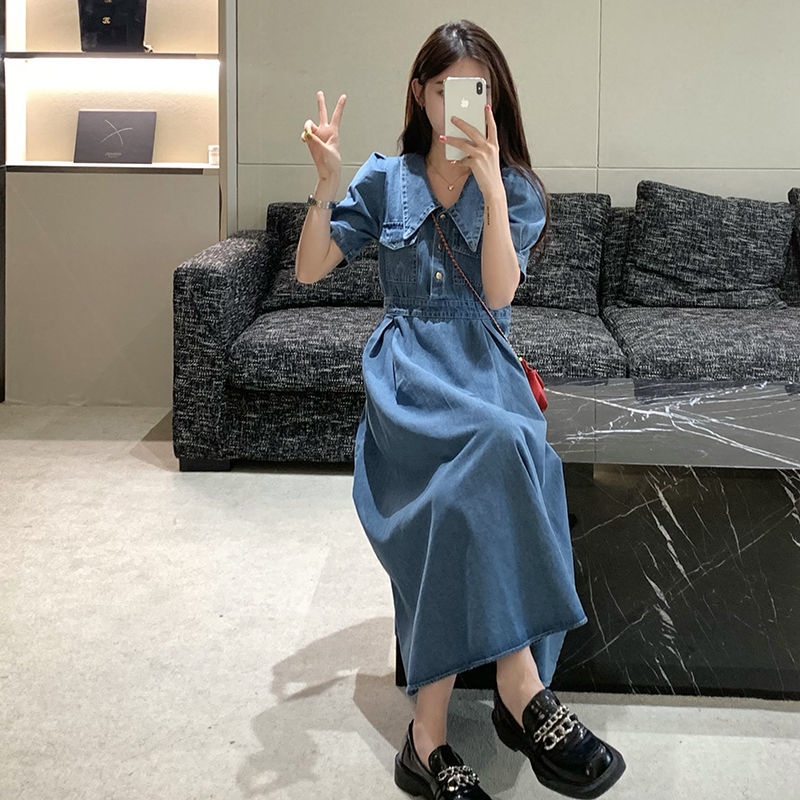 COZOK Đầm denim COZOK tay ngắn phong cách cổ điển cá tính thời trang