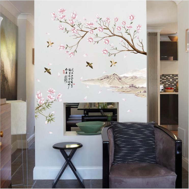Decal dán tường trang trí phòng ngủ phong cách cổ điển Tranh thủy mặc 3 - decal cành đào amyshop