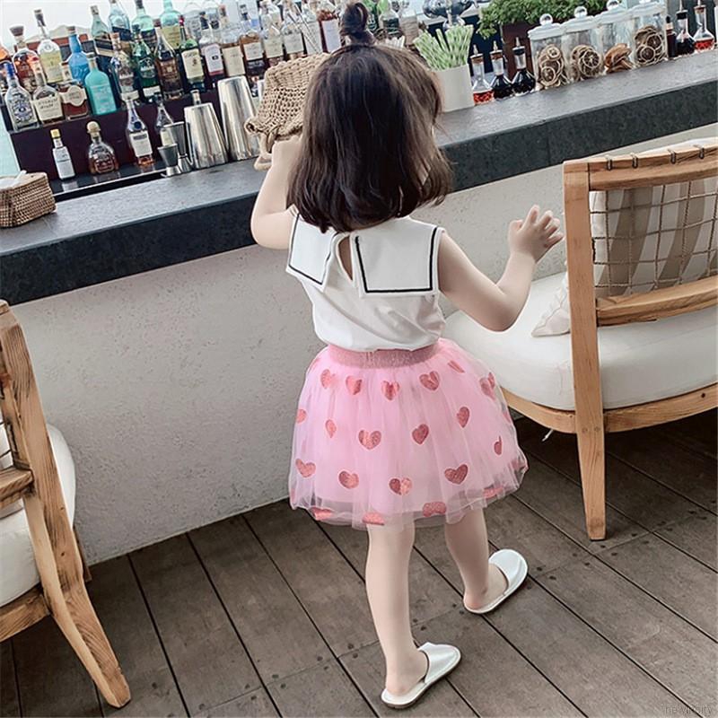 Bộ áo thun sát nách in hình trái tim + chân váy lưới xòe đáng yêu cho bé gái