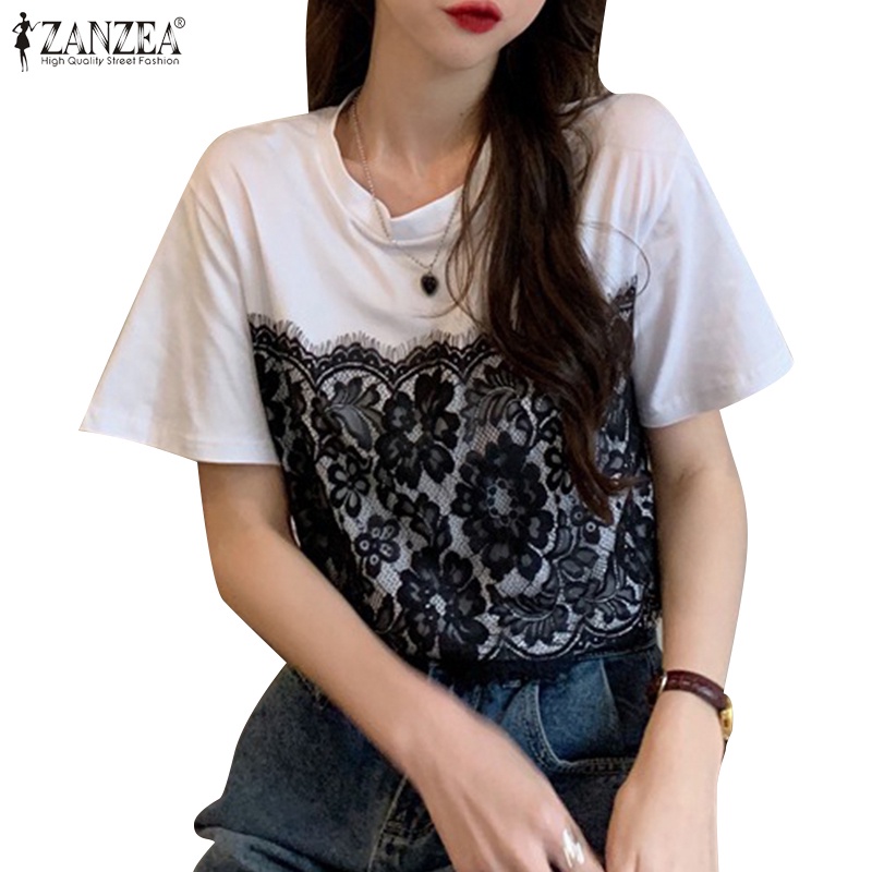 Áo thun ZANZEA tay ngắn phối ren cổ tròn cho nữ