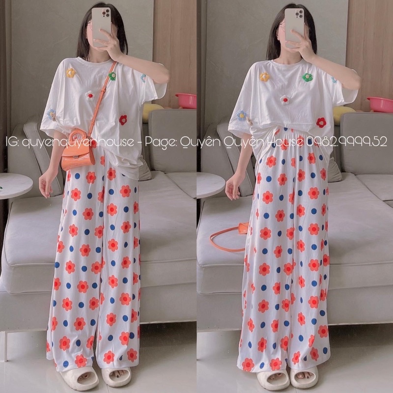 Set quần suông áo cotton đính hoa xinh xắn