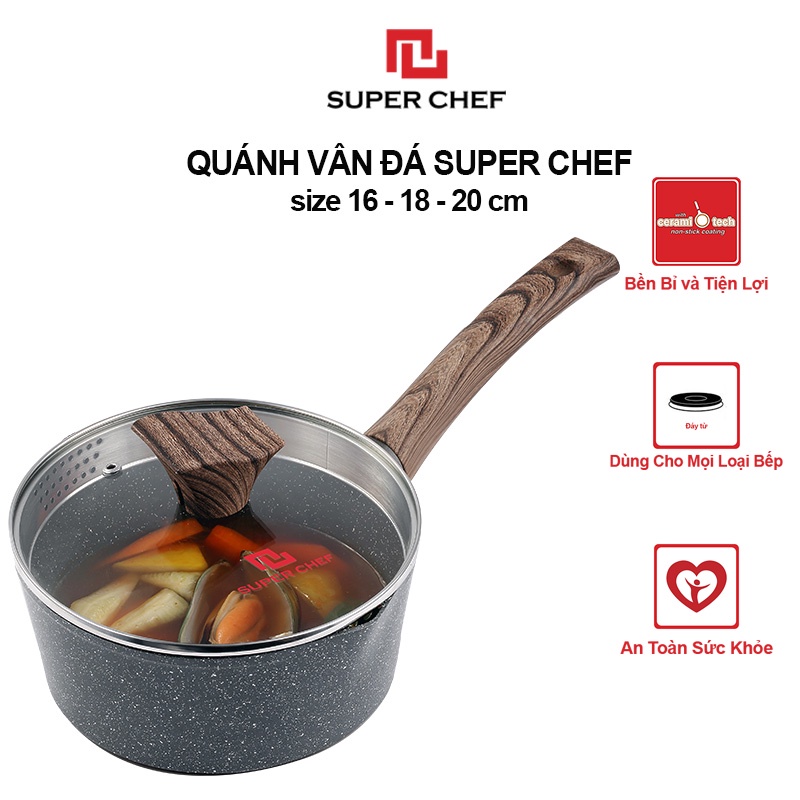 [Mã BMBAU50 giảm 7% đơn 99K] Nồi Cán Dài/ Quánh Vân Đá Super Chef Dày 4mm Siêu Bền Bỉ, Tiện Lợi (16-18-20)