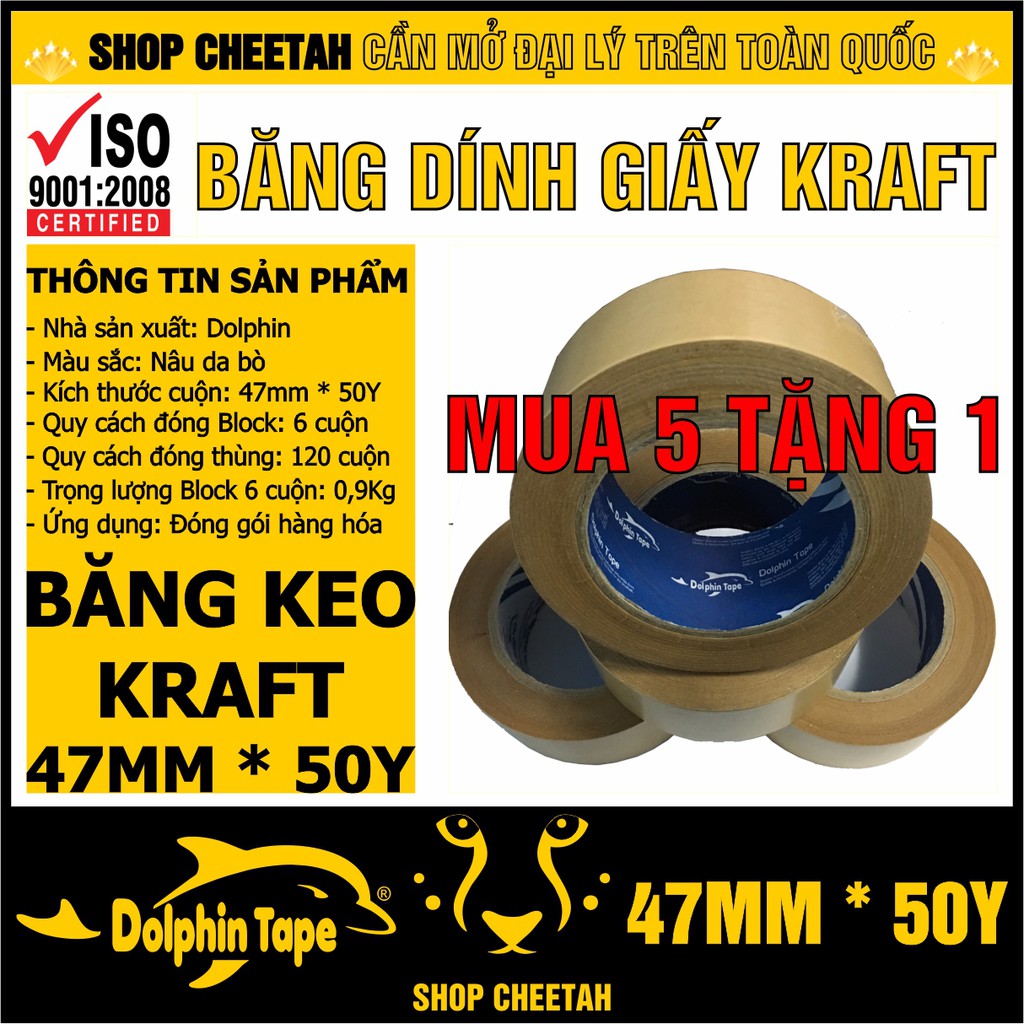 Mua 5 tặng 1 – Băng dính giấy Kraft 47mm x 50Y – Băng dính giấy da bò – Tự phân hủy thân thiện với môi trường – Xé tay