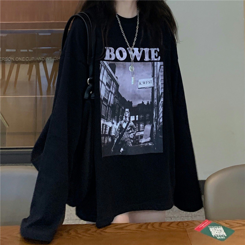 Áo thun tay dài dáng rộng in họa tiết phong cách mùa thu Hàn Quốc sành điệu cho nữ