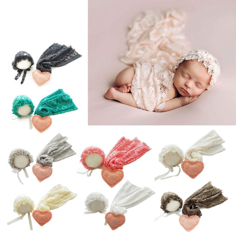 Set 3 phụ kiện làm đạo cụ chụp ảnh cho trẻ sơ sinh gồm mũ + khăn quấn + búp bê hình trái tim