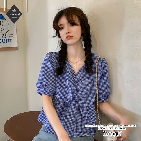 Áo sơ mi tay ngắn phồng cổ chữ V dáng rộng họa tiết sọc caro thời trang mùa hè mới dành cho nữ 2021