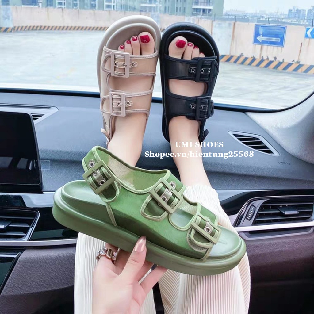 [NOWSHIP HN] Sandal Ulzzang nữ quai lưới thoáng 3 màu xanh/đen/kem thời trang trẻ trung đơn giản đế bằng cao 3cm đẹp mới