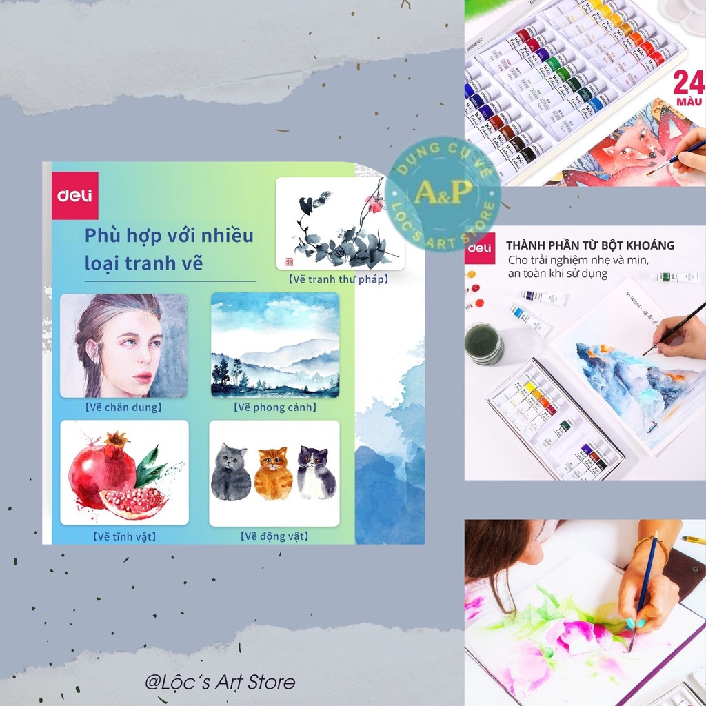 [Lộc's Art Store] Bộ Màu Nước Watercolour Cao Cấp DELI Dạng Tuýp 12/18/24 màu