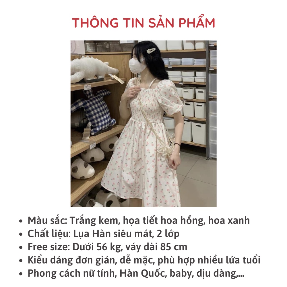 Đầm babydoll váy hoa nhí trễ vai tay bồng chun ngực dáng xòe ulzzang mặc 2 kiểu Hàn Quốc Sollle