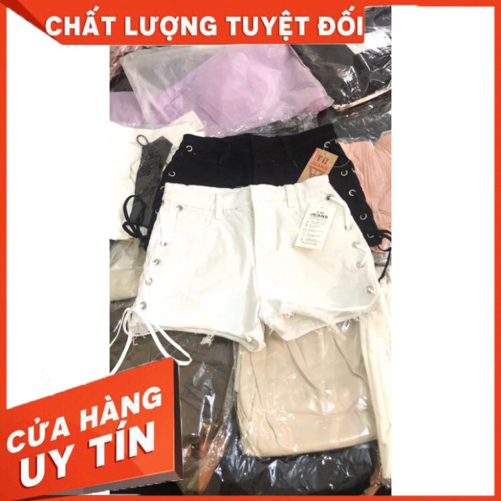 Quần short nữ jean cạp cao sooc bò nữ ngắn lưng cao dáng ôm rách gấu kết hợp dây rút 2 bên hông sexy đen - trắng Shimia