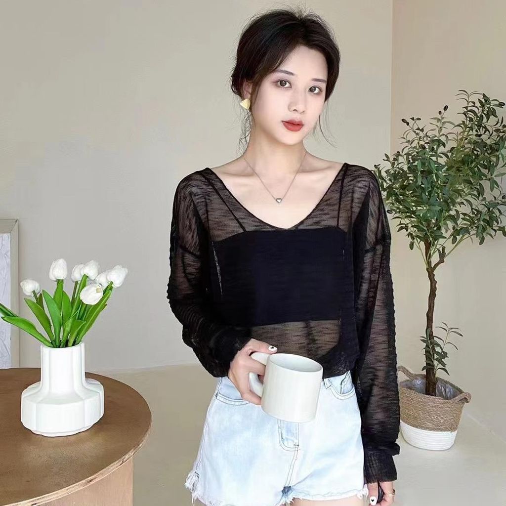 Áo Thun Tay Dài Cổ Chữ V Vải Lụa Mỏng Xuyên Thấu Thời Trang Mùa Hè Cho Nữ