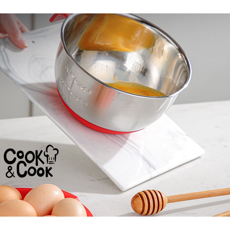 Thau inox 304 đế silicon kèm nắp silicon đỏ có tay cầm nhào bột đánh trứng an toàn vệ sinh size 20 24 28cm