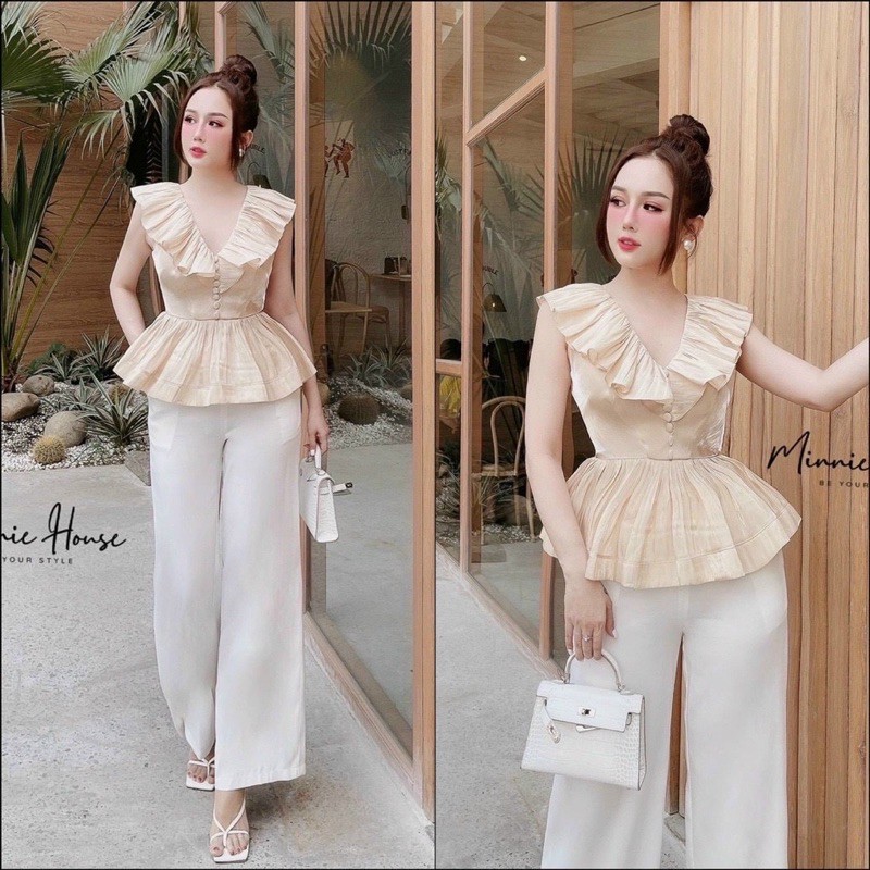 SET ÁO PEPLUM NÚT BỌC + QUẦN SUÔNG TRẮNG ( 3 Màu)