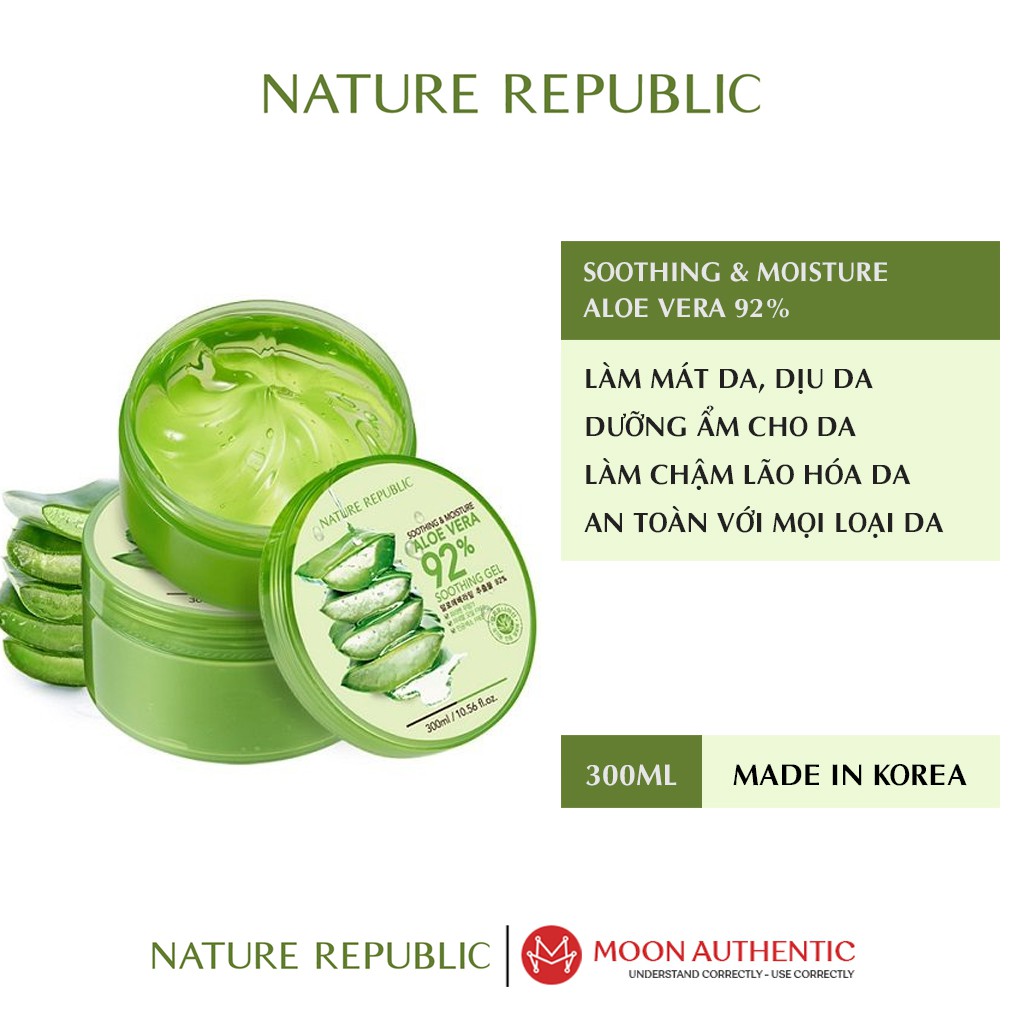 Gel lô hội Soothing & Moisture Aloe Vera 92% Nature Republic 300ml Hàn Quốc, Gel nha đam đa chức năng