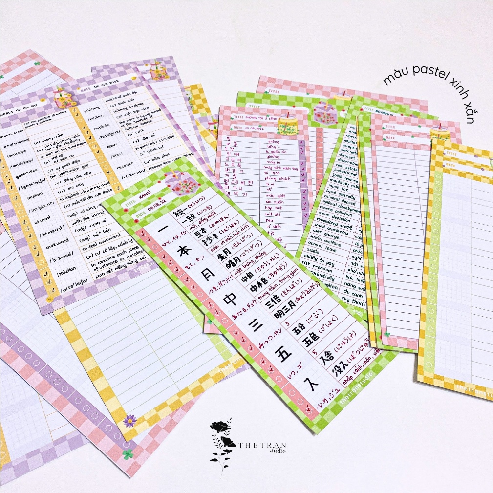 Bộ 8 tờ giấy ghi chú học từ vựng B5, A5, Half A5 kẻ caro kẻ ngang | blooming vocabulary sheet | thetranstudio