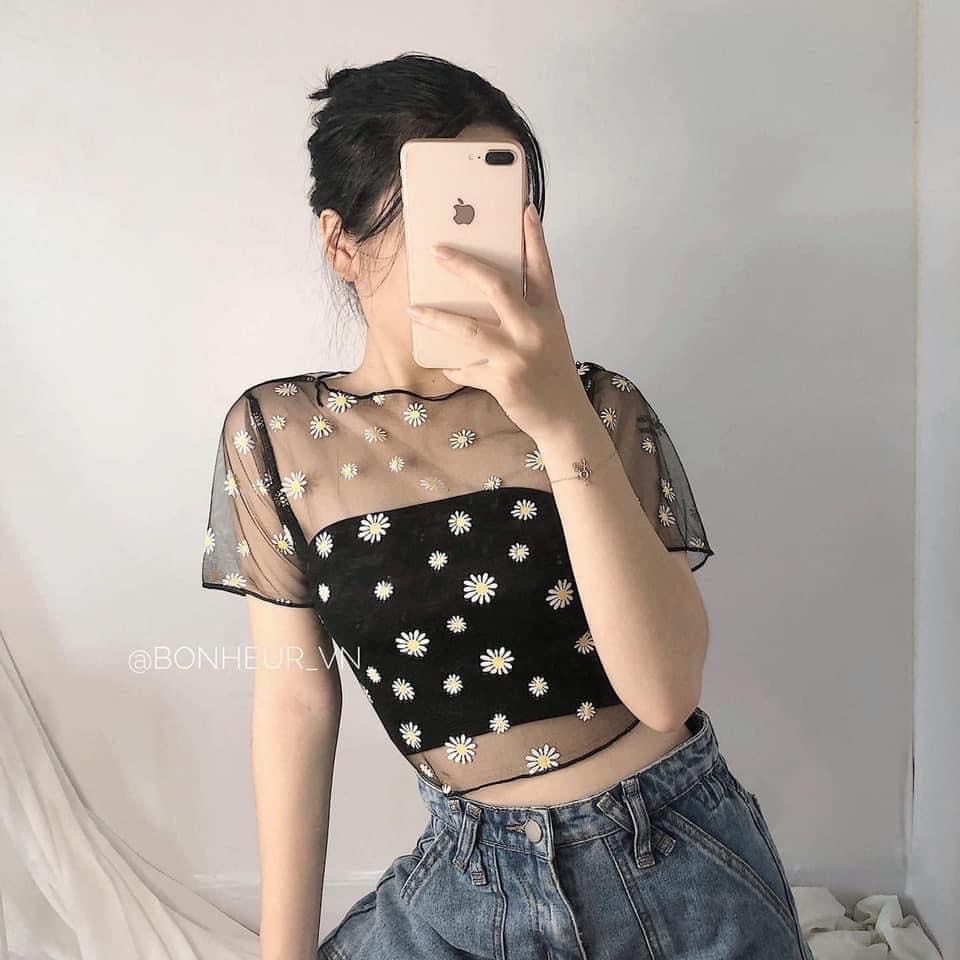 Set Croptop Lưới Hoa Cúc 🌸 Áo mỏng trong suốt kèm áo quây thun ôm body co giãn nữ SIÊU HOT 🌸 | BigBuy360 - bigbuy360.vn