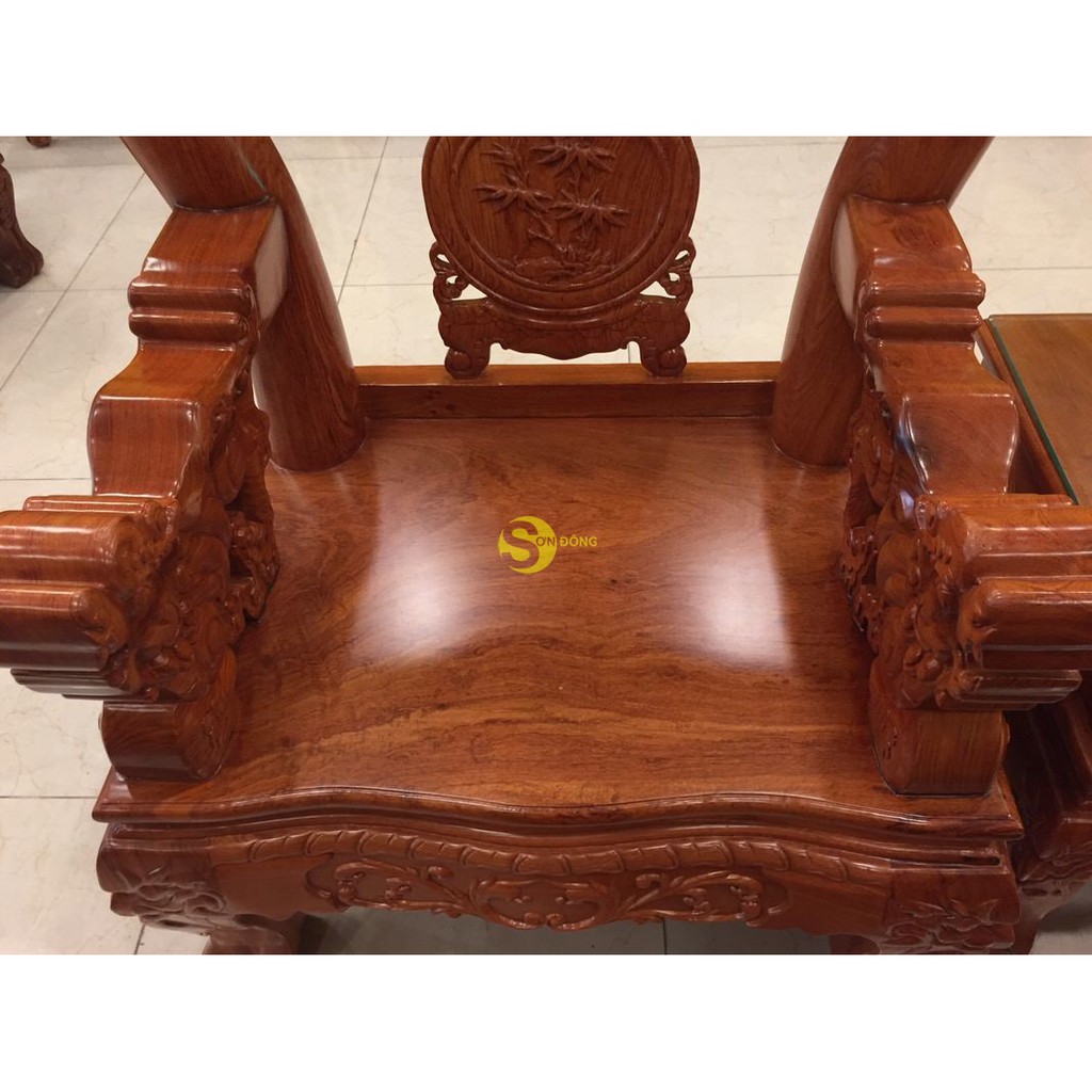 Bộ bàn ghế gỗ hương đá chạm đào chim tay nghê mặt liền 6 món tay 12