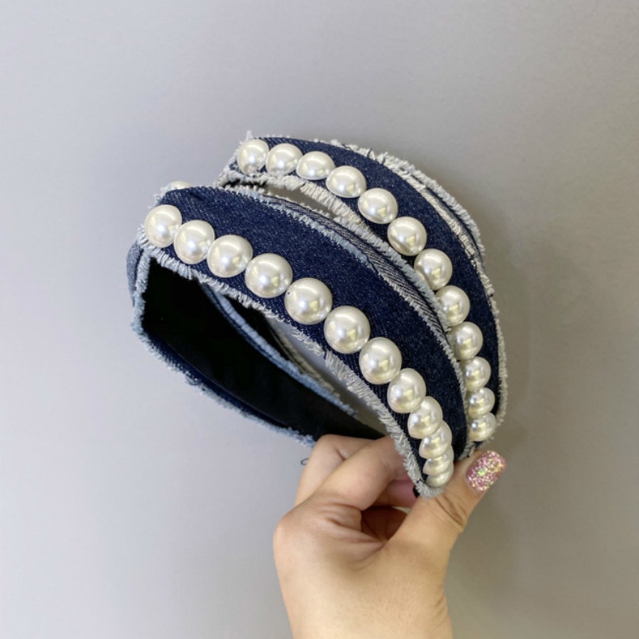 Cài Tóc Vải Denim Thắt Nút Đính Ngọc Trai Phong Cách Hàn Quốc