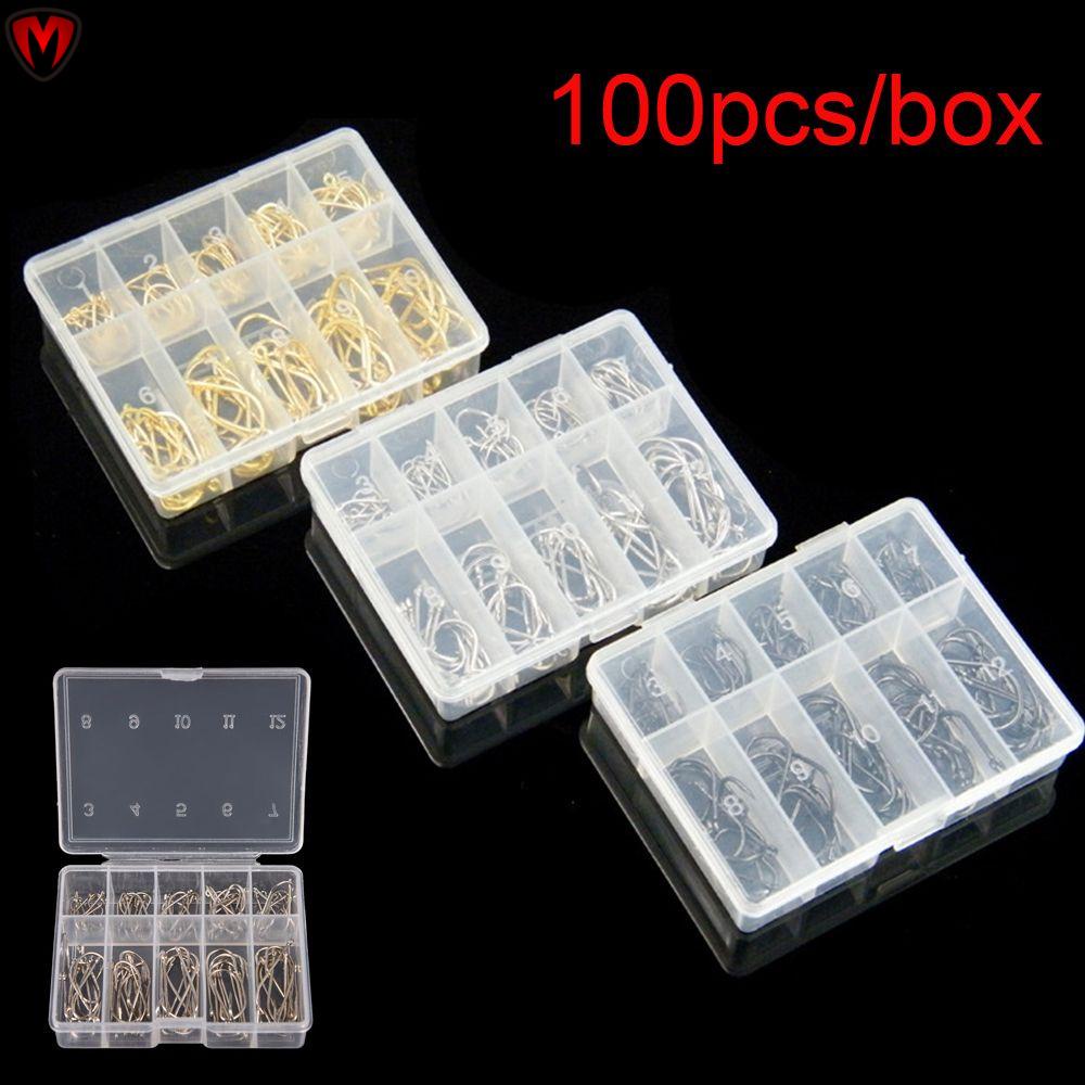 Hộp 100 móc câu cá bằng thép carbon cao cấp siêu bền với 10 kích cỡ 3-12