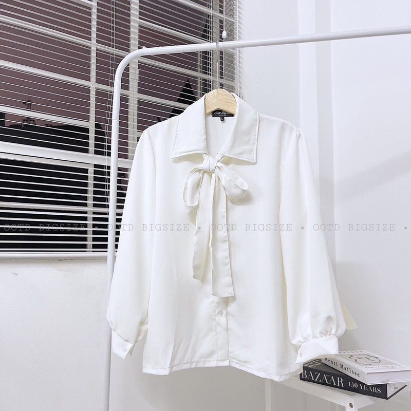 Áo sơ mi bigsize nữ tay dài nơ cổ