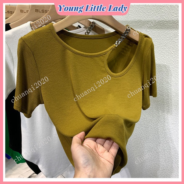 Irregular Klein Blue Short-Sleeved T-shirt Women's Design Sense Niche New Style Short Summer Collarbone Hollow Top Fashion