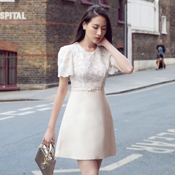 Đầm chữ A, phối ren dáng công sở thanh lịch_HebeDesign_thời trang công sở