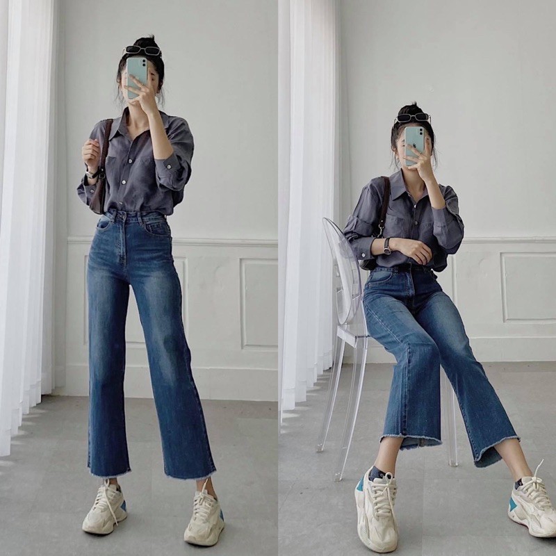 Quần Jeans Culottes Ống Rộng Lai Tua Lưng Cao 9 Tấc Xuất Xịn