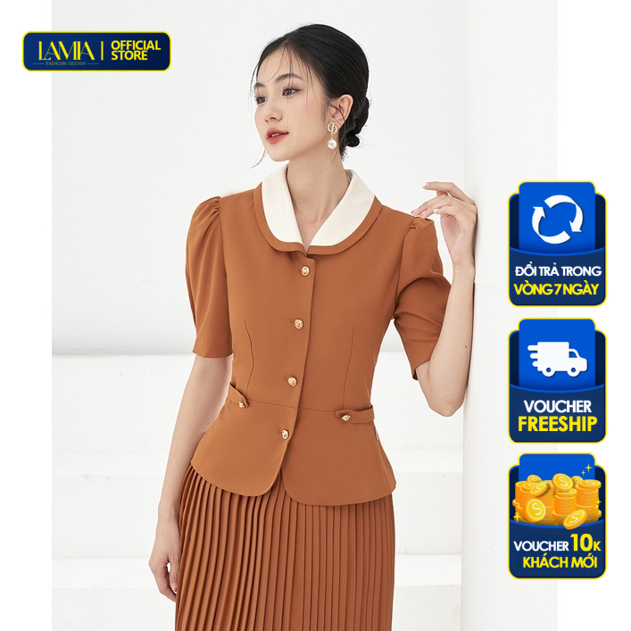 Set sơ mi nữ Lamia Design LUXE015 màu nâu đất phối váy xếp ly thướt tha