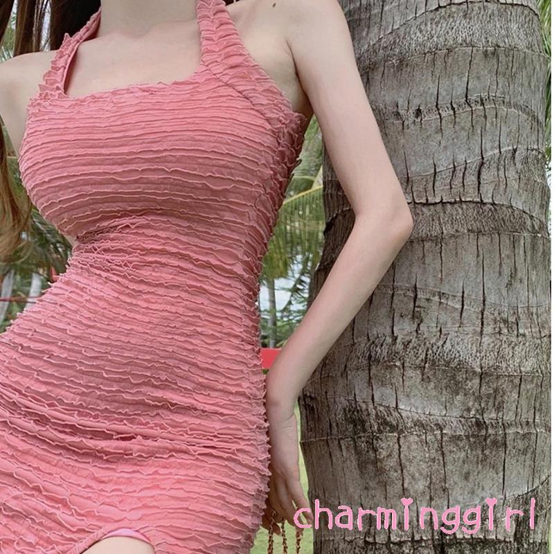 Đầm mini dáng ôm màu trơn cổ dây quyến rũ cho nữ