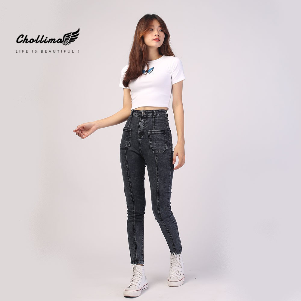 Quần jeans dài nữ co giãn Chollima cạp siêu cao đắp 2 túi vuông QD004 phong cách trẻ trung năng động