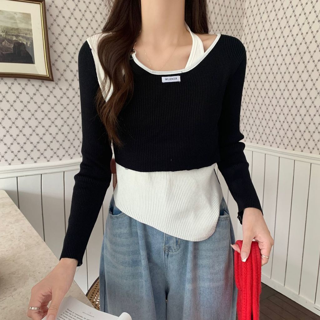 Áo Thun Dài Tay Giả Hai Lớp Phong Cách Hàn Quốc Thời Trang Mùa Thu Mới Cho Nữ