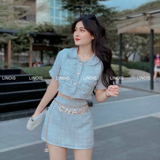 [DA01] Set Croptop Tay Ngắn Cổ Sơ Mi Nút Ngọc Kèm Chân Váy, (Không Bao Gồm Xích Belt) - Vải Dạ - 3 Màu Xanh, Hồng, Nude