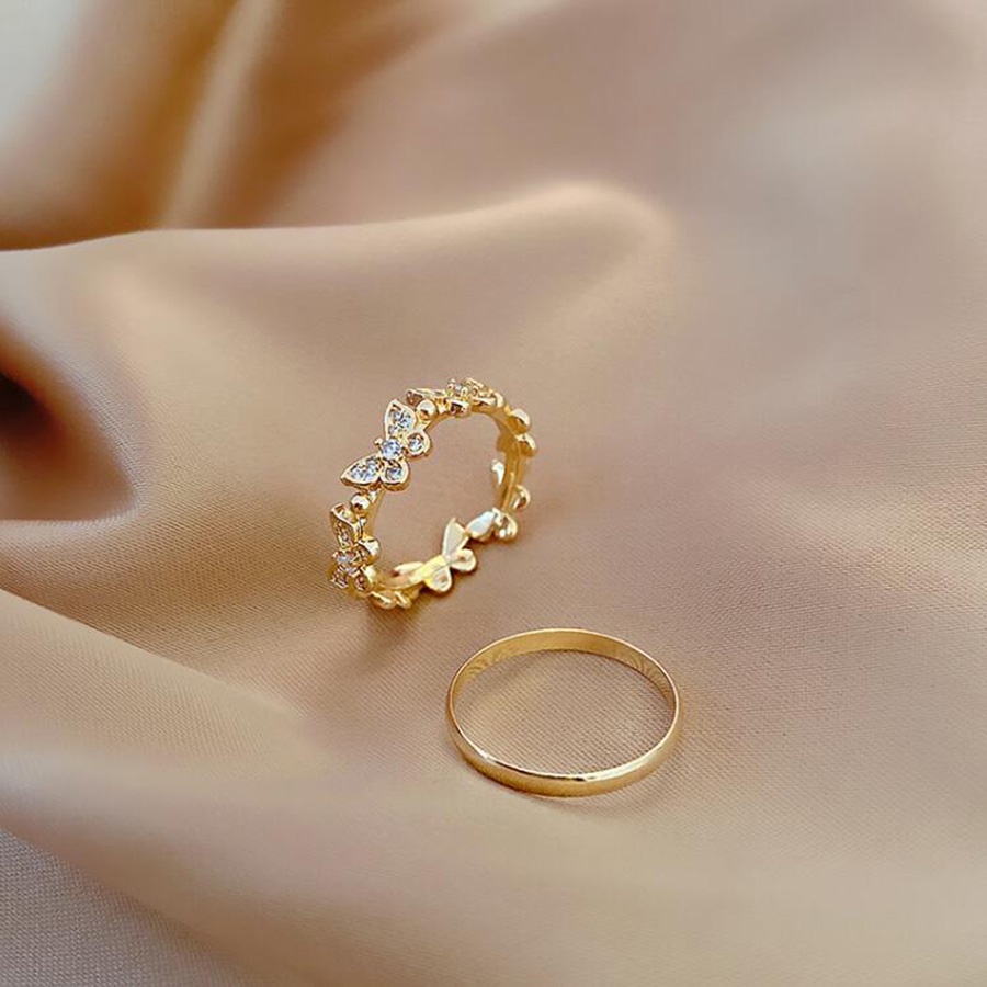 Bộ 2 Nhẫn Cưới Bằng Thép Không Gỉ Mạ Vàng Hình Bướm Phong Cách Hàn Quốc Sang Trọng Thời Trang Dành Cho Nữ