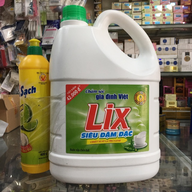 Nước rửa chén Lix siêu đậm đặc chiết xuất lá trà xanh 4kg (Có tặng 1 chai nước rửa chén 400g y hình)