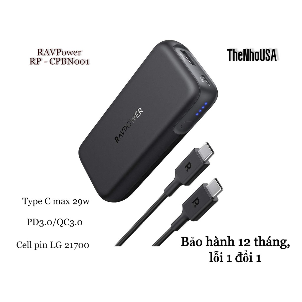 Sạc dự phòng RAVPower 10000mAh 29w (RP-CPBN001) cho i-Phone i-Pad IP 6 7 8 Plus 10 11 12 Pro max x xs giá rẻ