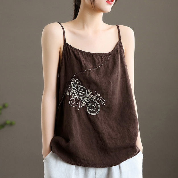 Áo hai dây cotton lanh giả form rộng thêu họa tiết thời trang 2022