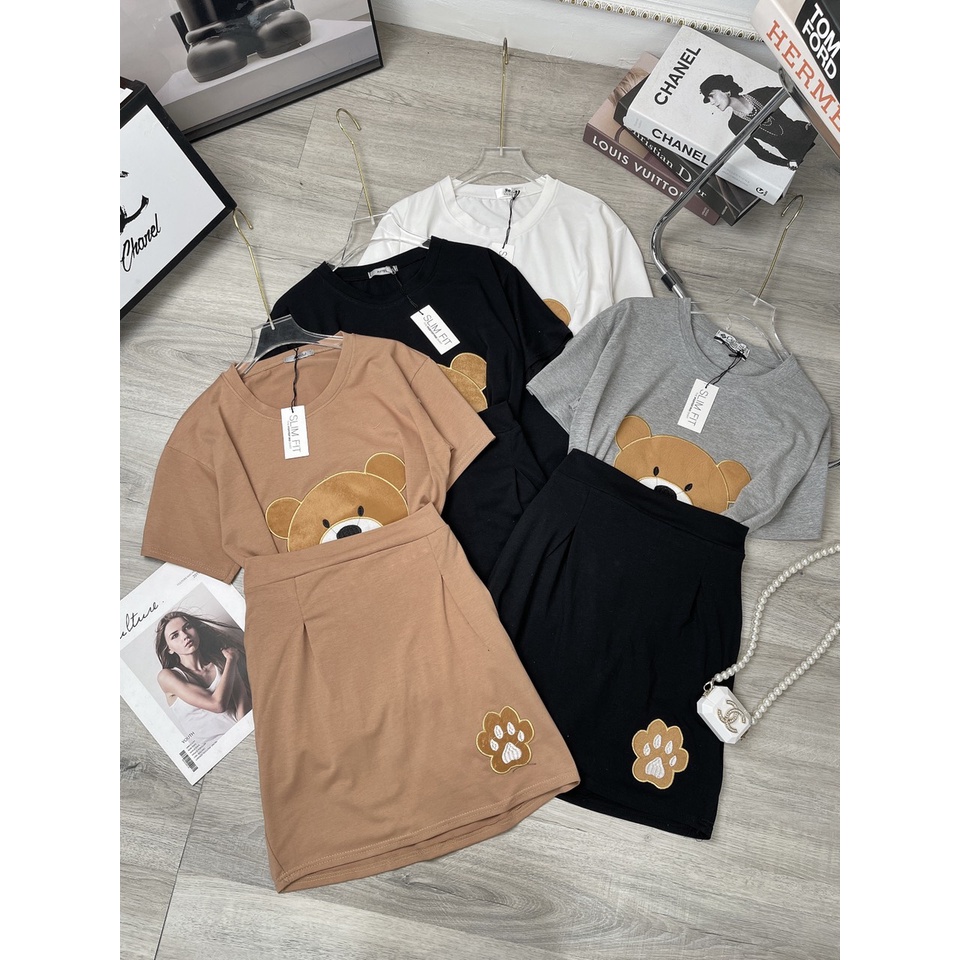 Set chân váy gấu cotton thêu nổi TH114