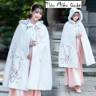 Áo choàng dạ lót lông cổ trang có mũ lông