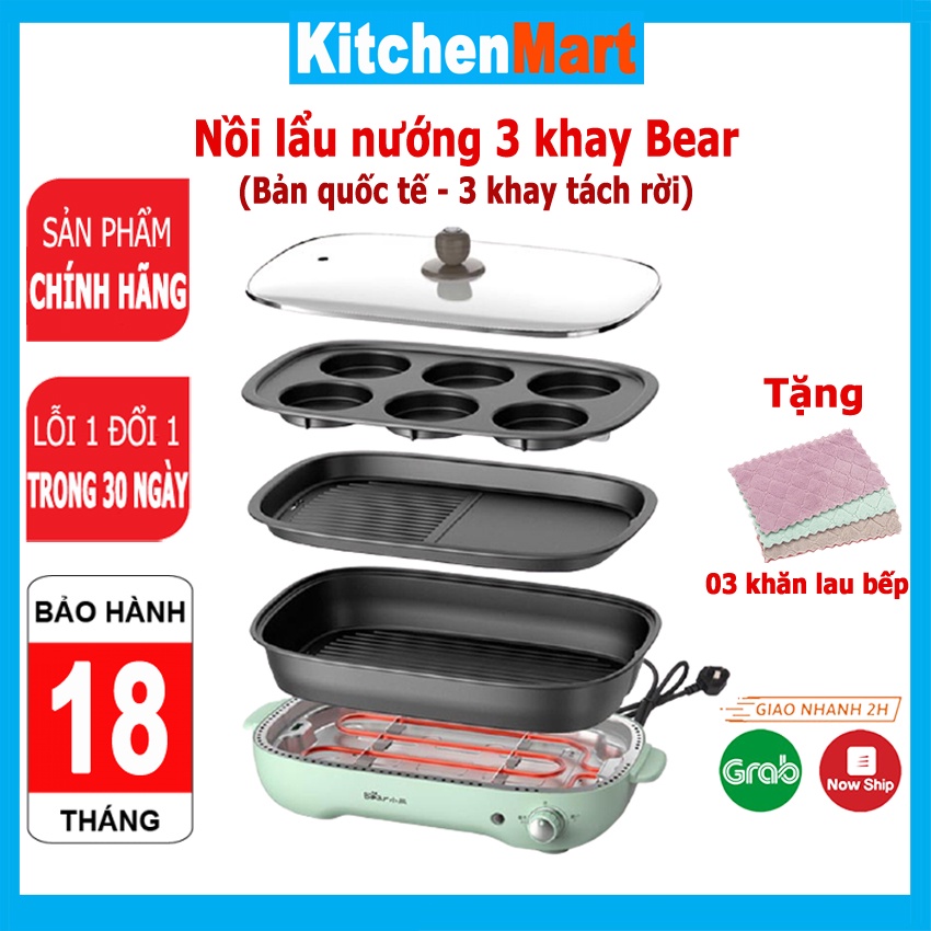 Nồi lẩu nướng đa năng Bear, dung tích 1.5L - 4L, bếp lẩu nướng mini lẩu và nướng - KitchenMart (Bảo hành 18 tháng)