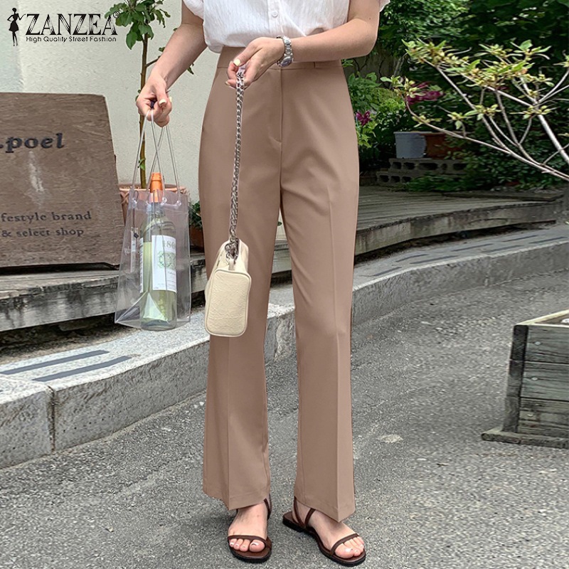 Zanzea Quần Dài Ống Đứng Lưng Thun Cài Nút Phía Trước Thời Trang Cho Nữ