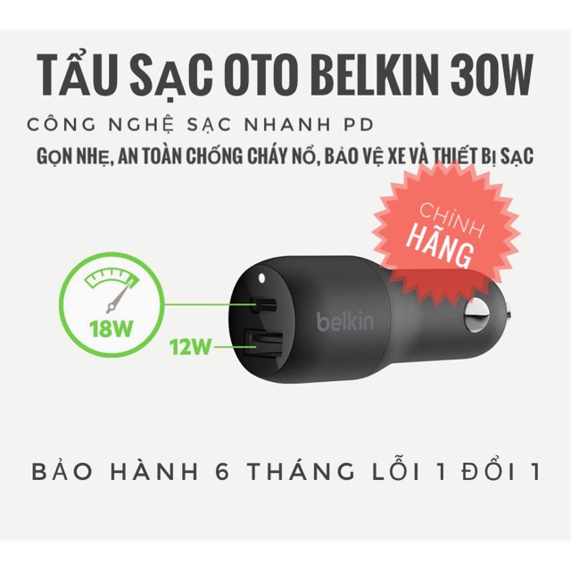Cốc Sạc-Tẩu Sạc Oto Belkin Sạc Nhanh PD 30W,24W (New 100%-No Box)