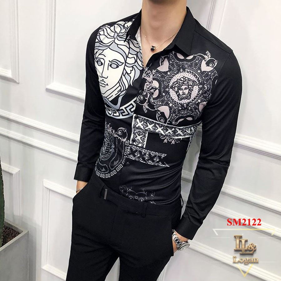 Áo sơ mi họa tiết versace SM2122 trắng đen, form body chuẩn đẹp, không nhăn, sang trọng chuẩn men,ảnh thật 100%